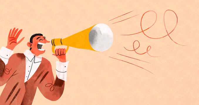 Illustration of a man's hand holding a loudspeaker making an announcement