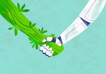 Illustration of a robot shaking hands with a green person symbolizing cooperation between technology and nature