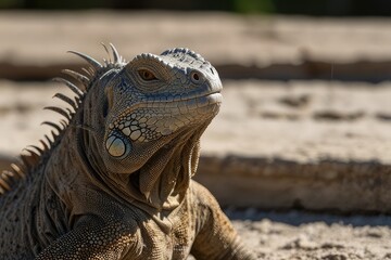 Green Iguana on a Rock by the Beach in a Tropical Wildlife Setting