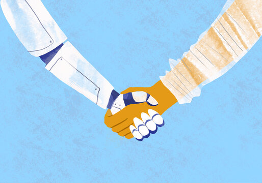 Illustration of a robot and human shaking hands symbolizing cooperation