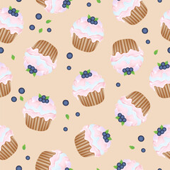 Seamless pattern for kitchen decor and more. Delicious cupcake with whipped cream and blueberry. Vector cartoon illustration of sweet food.