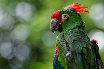 Fototapeta premium Close up of a red fan parrot perched amidst vibrant green foliage, showcasing its colorful plumage