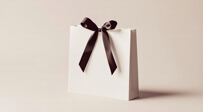 A white gift bag mockup, rectangular in shape with a dark brown ribbon handle on the front, on a clean background. 