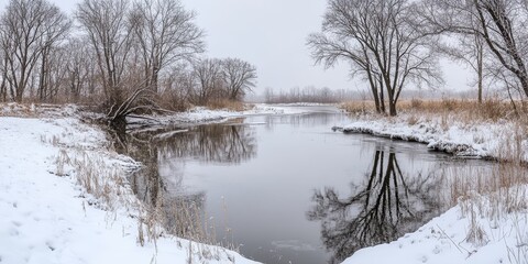 Winter landscape featuring a river that was once a lake, showcasing the remnants of damage caused by the dam breaking in this serene winter scene. The river reflects the stark beauty of winter.
