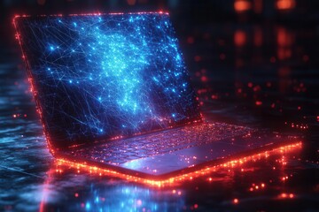 low poly styled abstract laptop design with a blue geometric background, featuring wireframe light connections that evoke a sense of modern technology and innovation