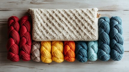 A flat-lay composition featuring a knitted pouch in a warm cream color and bright wool rolls in bold primary colors, arranged on a light wooden surface, natural light casting gentle highlights,