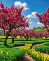 Fototapeta premium pink flowers, cherry blossom, cherry trees, park backdrop, stone road, grass, light backdrop, park photography, scenic background, spring season, blooming trees, garden path, floral scenery, natural b