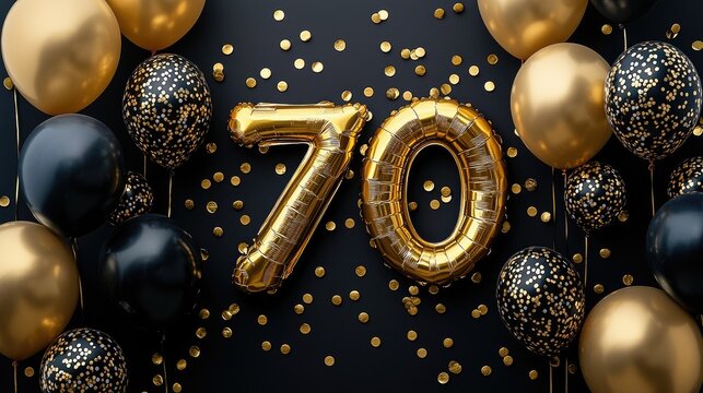 Elegant 70th Birthday Celebration with Gold and Black Balloons and Confetti on Dark Background