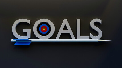 3D Goals Illustration Blue Arrow Piercing Target Bullseye, Representing Vision, Ambition, and Achieving Objectives on Modern Grey Background