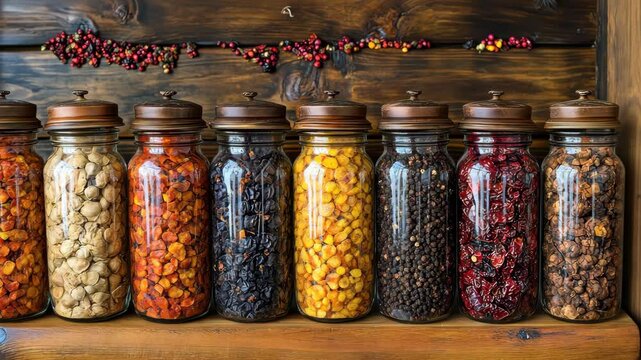 Aromatic Spices and Dried Fruits in Glass Jars