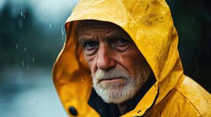 old man fisherman, yellow rain coat 
