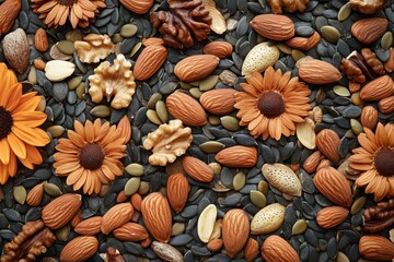 A variety of nuts and seeds are arranged neatly, such as almonds, walnuts, pumpkin seeds and sunflower seeds.