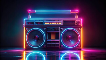Retro Boombox Silhouette Neon Lights - 80s Music Player Night Photography