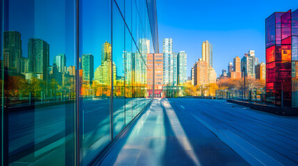 Fototapeta premium Stunning reflections of a vibrant city skyline on a modern glass building facade, with colorful skyscrapers and clear blue skies..