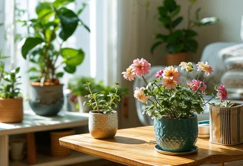 Sunlight and Blooms: A sunlit living room is transformed into a tranquil oasis with a collection of potted plants, including a vibrant bouquet of pink and yellow flowers.