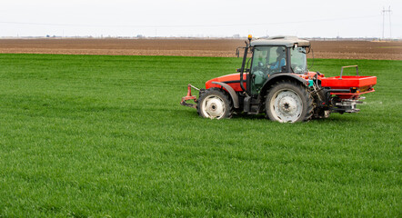 Fototapeta premium Tractor spreading artificial fertilizers