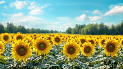 Fototapeta premium Vibrant sunflower field under a blue sky with fluffy clouds