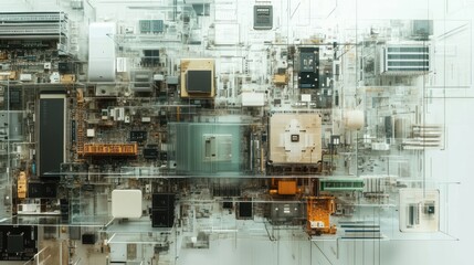 Abstract overhead shot of transparent circuit board components.