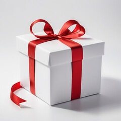 a white box with a red ribbon and a bow

