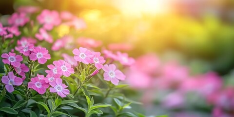 Fototapeta premium Vibrant phlox subulate blooms in a flowerbed enhance the urban environment, creating a beautiful green space. The flowerbed showcases phlox subulate with a soft focused background and ample copy