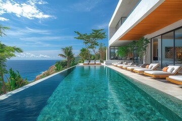 luxury modern beach hotel with a stunning infinity pool overlooking an endless ocean, sunbeds arranged invitingly, ultra-modern design, bright and airy atmosphere