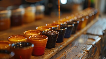 Coffee tasting flight with different brews served in small cups, captured in HD for a sensory experience