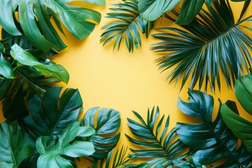 Flat green palm branches on yellow background