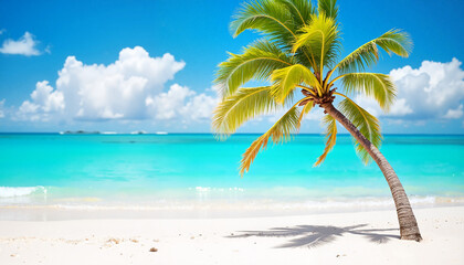Lone island palm tree Copy space Leaning palm tree on white sandy beach with turquoise sea