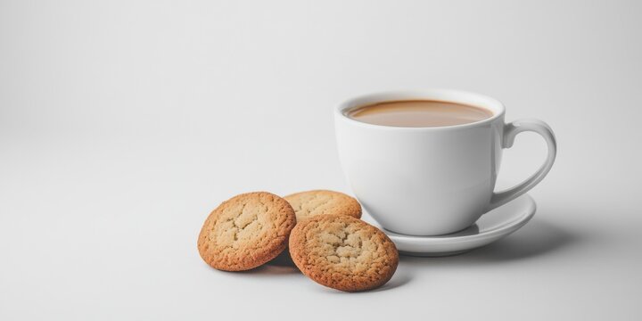 Coffee cup accompanied by cookies set against a clean white background, creating a delightful scene featuring a coffee cup with delicious cookies for an inviting treat.