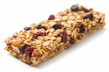 Close up of a single granola bar showing nuts, oats, dried cranberries and chocolate chips