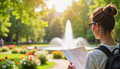 Tourist with a map in hand Woman reading map near fountain in sunny park.