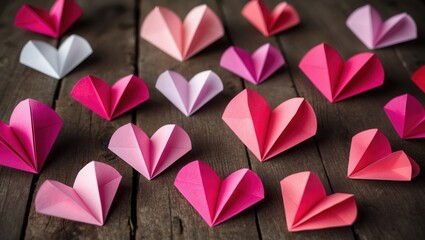 Colorful origami hearts in various shades of pink and red scattered on a rustic wooden surface, symbolizing love and creativity for celebrations and events.