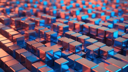 Obraz premium Abstract metallic cubes in vibrant blue and orange hues, creating a dynamic three-dimensional pattern with a futuristic feel.