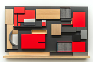 Abstract Geometric Wall Art with Wood and Red Panels
