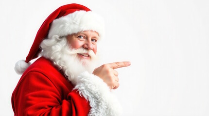 Santa Claus pointing index finger at blank space isolated on white background