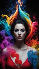 Fototapeta premium Striking image of woman in red attire, vibrant smoke swirling in colorful patterns around her, creating a dramatic and ethereal atmosphere.
