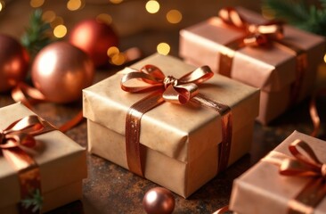 festive greeting card, holiday marketing, gift-giving tradition. Christmas and New Year gift elegantly wrapped in mocha mousse paper with festive ribbon and warm bokeh lights.