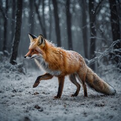 Obraz premium A fox-like creature with fur resembling twinkling golden stars dancing through a frosted woodland.