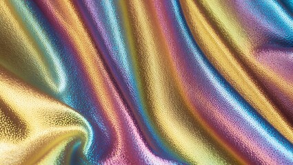 Smooth, shimmering fabric displaying vibrant rainbow tones including gold, blue, and pink. Ideal for fashion or event d?cor applications.