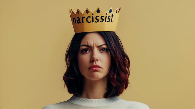 Young arrogant woman wearing a paper crown with the word Narcissist on beige background, concept of narcissism, Narcissistic personality disorder in adults.