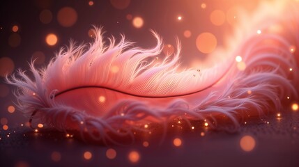 Delicate pink feather with soft lights and bokeh background in dreamy atmosphere
