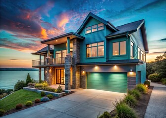 Teal Coastal Suburban Home Panoramic Twilight Photography - Modern Architecture