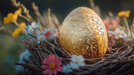 Golden Easter Egg Nestled In Spring Flowers