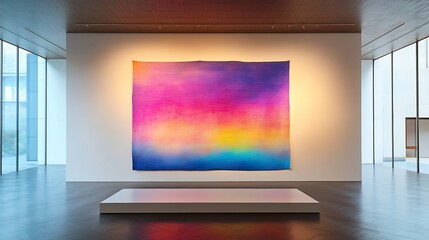 A handmade woolen tapestry with abstract rainbow designs, neatly framed and displayed on a smooth white wall, bright studio lighting enhancing the vibrant details, hd quality, clean and modern.