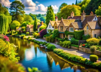 Fototapeta premium Tilt-Shift Photography: West London Riverside Village, Miniature Effect, Charming English Scene, Idyllic Riverbank, Picturesque Cottages