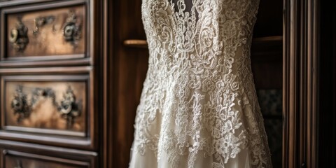 Obraz premium A stunning detail of a wedding dress elegantly displayed on a vintage wooden cabinet. This wedding dress, featuring intricate white beige lace, sets the perfect tone for joyful wedding preparations.