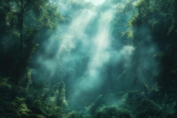 Obraz premium misty forest bathed in gentle sunlight, beams filtering through the thick fog, creating a serene and magical atmosphere in a lush green woodland