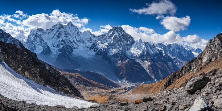 Steep Cho La mountain pass is a well known trekking route offering breathtaking views and challenging terrain, connecting trekkers from Gokyo to Everest base camp through the steep landscapes.