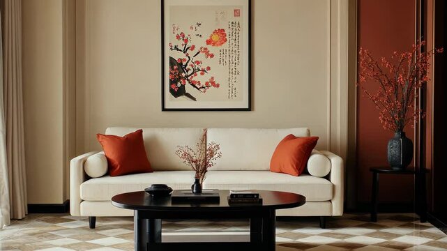 8h A living room with beige walls, a white sofa, and a pic