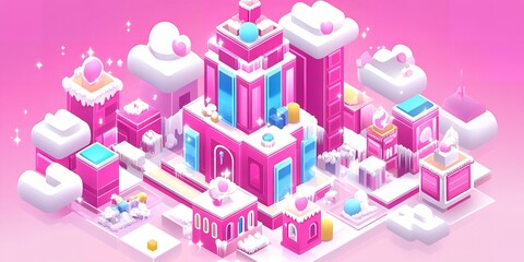 Pink Dreamy Cityscape Isometric Illustration Sweet Candy Buildings Cloud Background